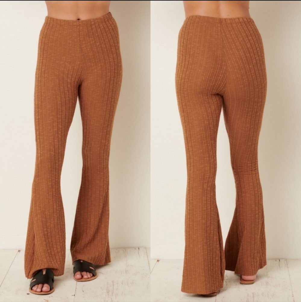 LAST 1 SMALL BUTTERSCOTCH Ribbed Knit Flare Pants - Picture 2 of 3